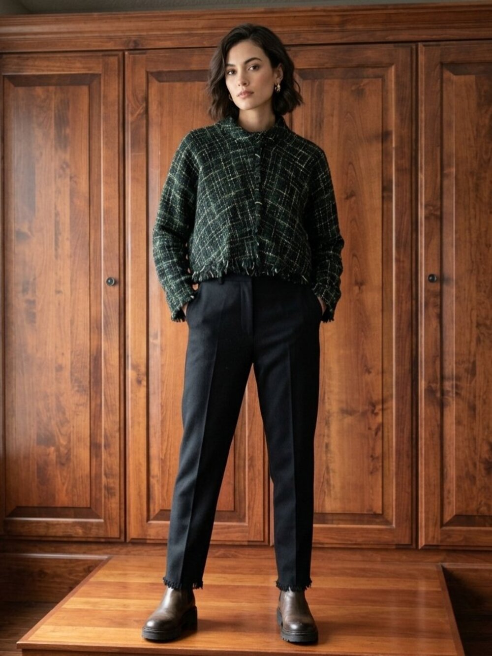 ZARA Woman Cropped Green Tweed Bouclé Jacket Sweater | Size S Fringe Trim
